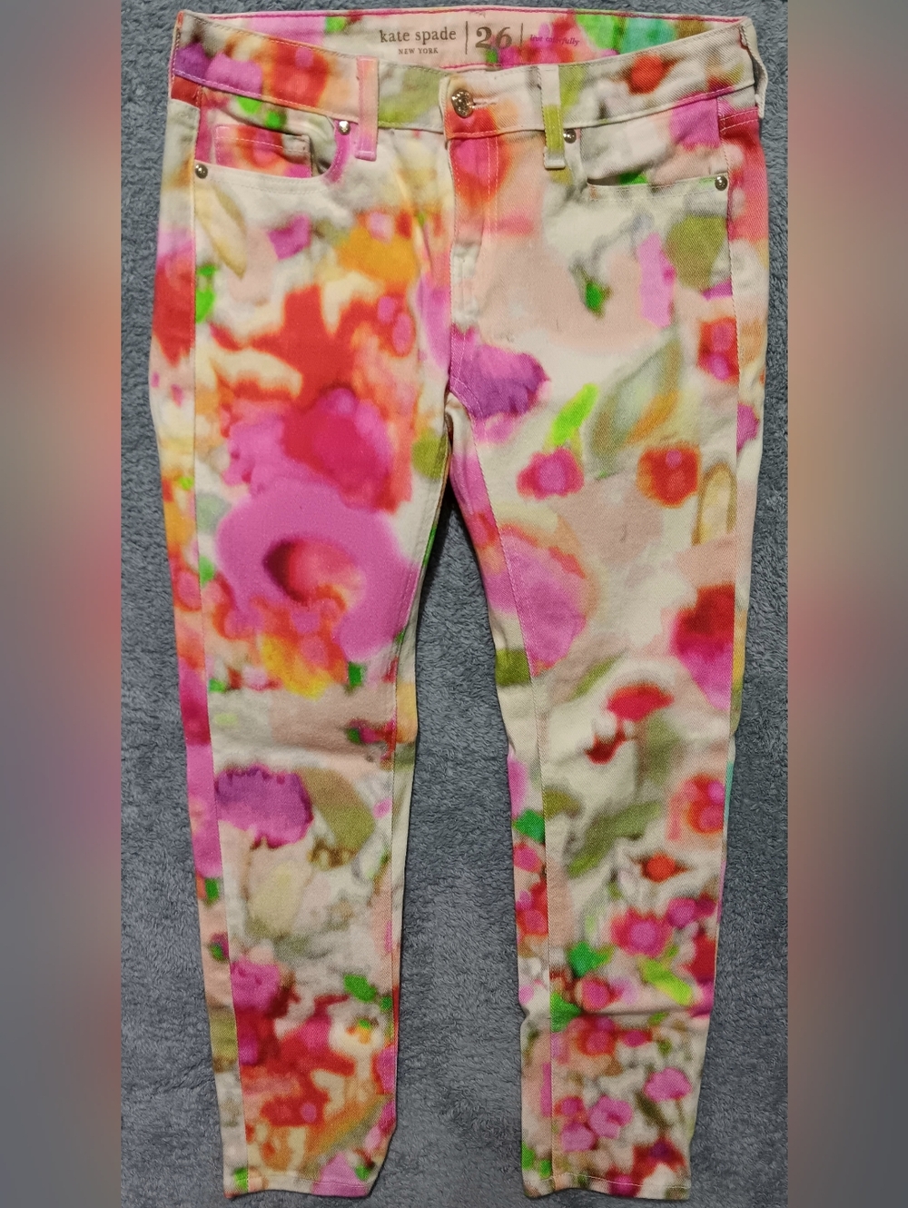 Kate Spade Size 26 Broome Street Vibrant Pink Multi Floral Skinny Jeans Artsy